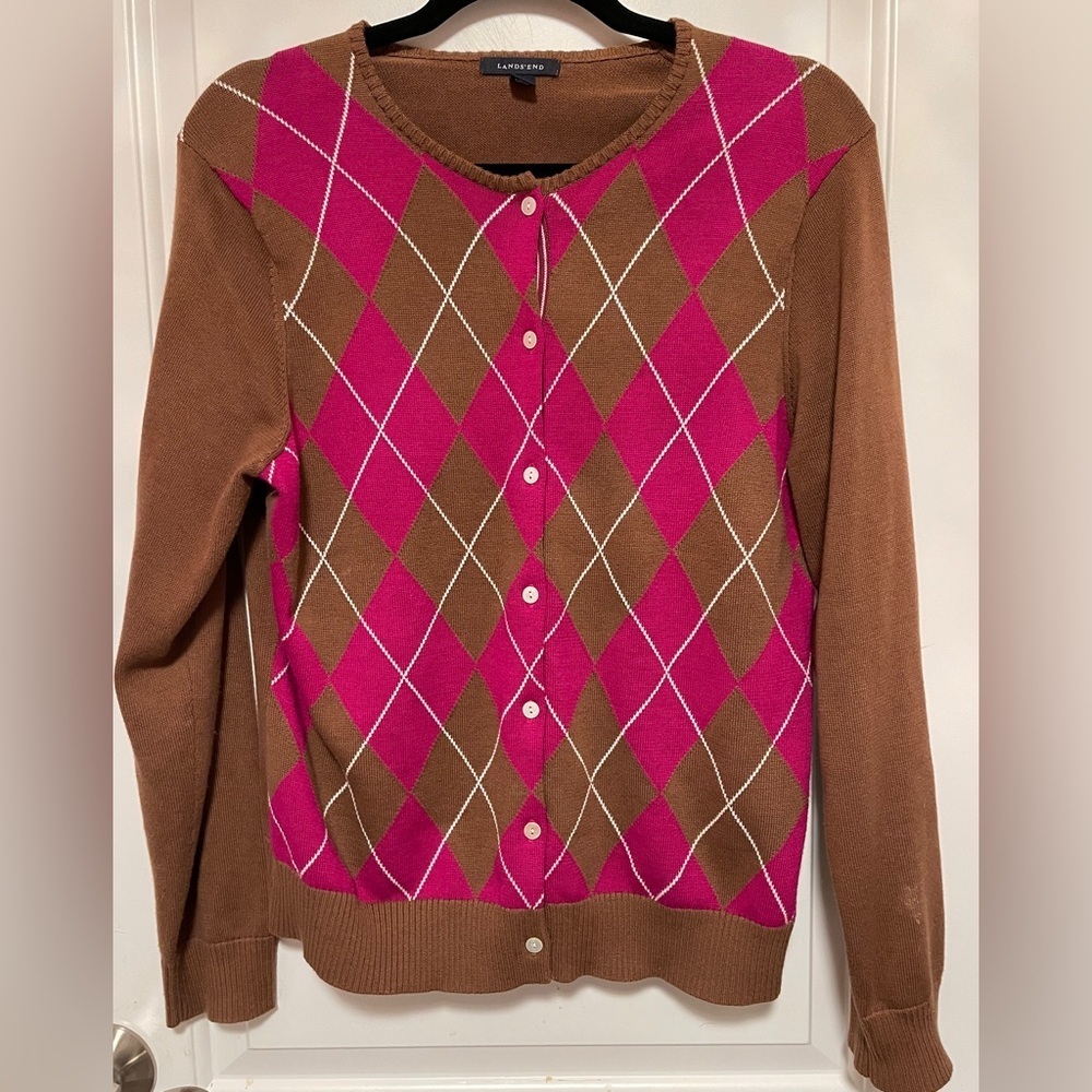 Lands’ End Argyle Cardigan Sweater Brown & Pink Preppy Grandpacore Office Medium - Picture 1 of 7